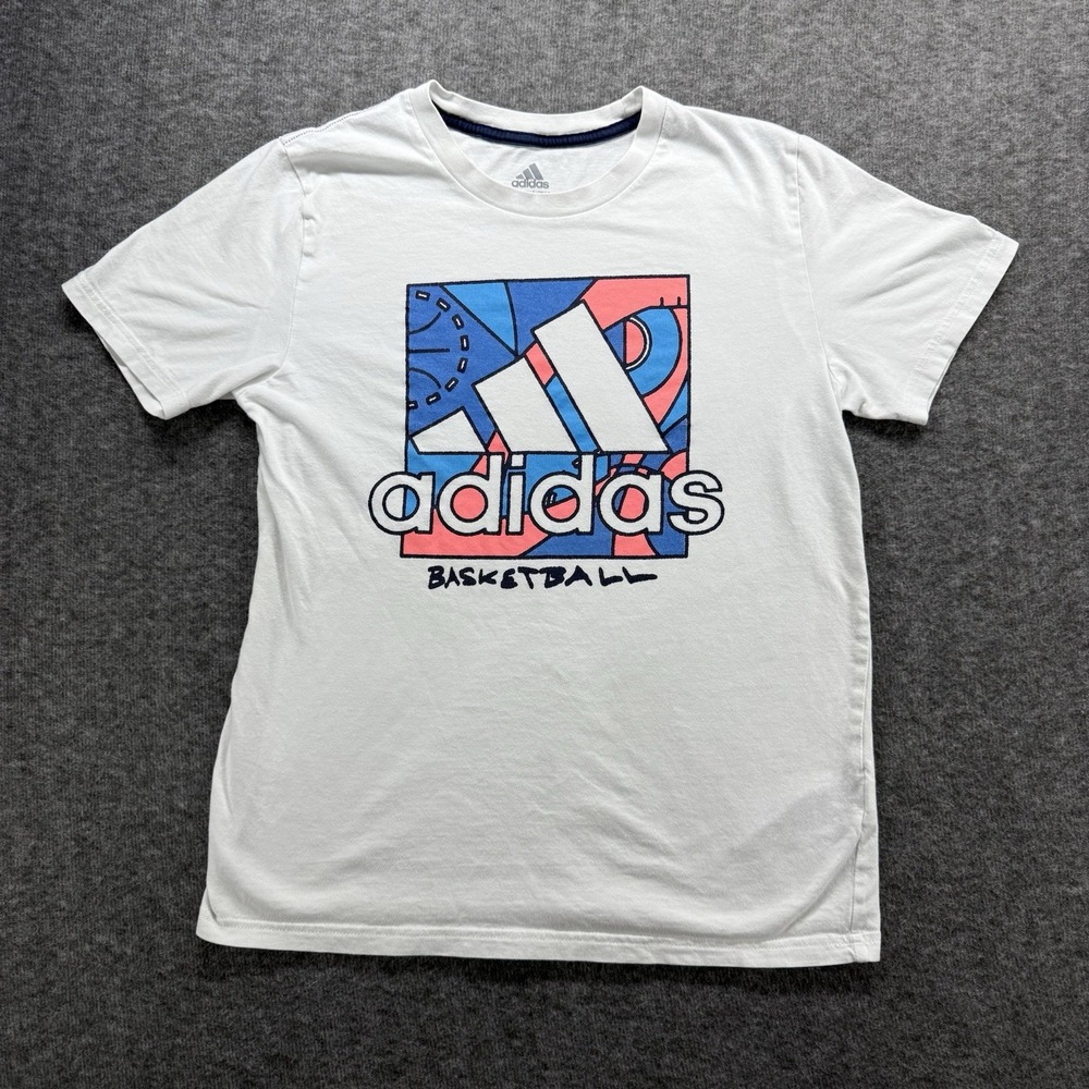 ADIDAS Kids T-Shirt Large White Basketball Graphic Short Sleeve Tee